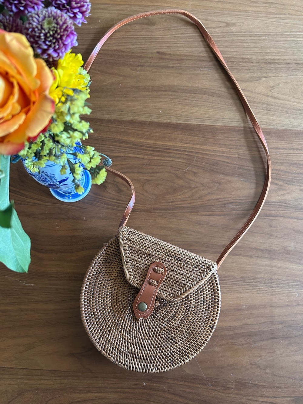 Anthropologie Round Woven Crossbody in Brown and Tan